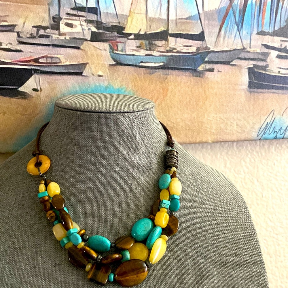 VINTAGE SILPADA TURQUOISE TIGER EYES CALCITE STERLING SILVER! 3 STRAND NECKLACE